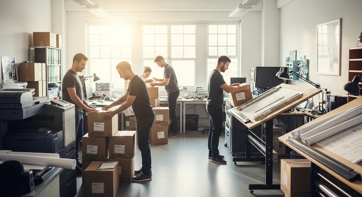 Équipe préparant les archives et équipements d’un bureau d’études