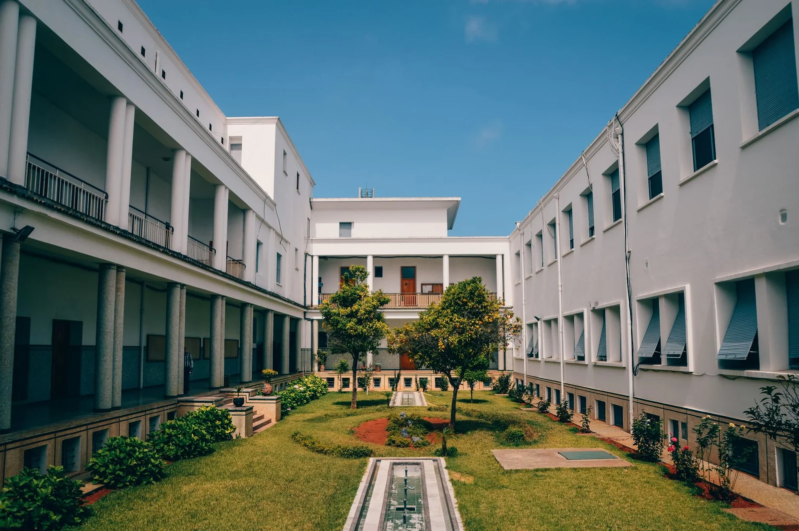 Façade d'un groupe scolaire contemporain dans un quartier urbain dense, avec cour et plantations